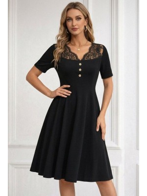 Modenya Kadın Kısa Kollu Dantel V Yakalı Düğmeli Kısa Janjan Krep Elbise