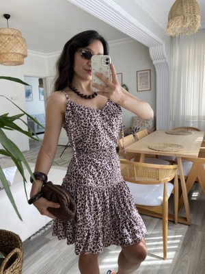 Modenya Kadın Askılı V Yaka Beli Pileli Leopar Desen Eteği Fırfırlı Süprem Elbise