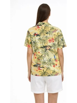 Modenya Gün Batımı Tropikal Desenli Kısa Kol Gömlek Şort Takım Yazlık Rahat Kalıp - Desenli