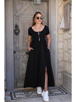 Modenya Kadın Kısa Kollu Yuvarlak Yaka Önden Yırtmaçlı Cepli Viskon Uzun Elbise