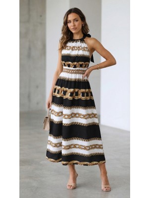 Modenya Kadın Kolsuz Boyundan Bağlamalı Beli Lastikli Dijital Baskı Süprem Uzun Elbise