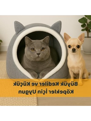 Cekar Store Beylini Kedi Köpek Evi Katlanabilir Evcil Hayvan Yatağı Peluş Yastık Hediyeli Dekoratif Kedi Köpek Yaşam Alanı (Gri, L)