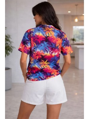 Modenya Renkli Tropikal Palmiye Desenli Kısa Kol Gömlek Şort Takım Yazlık Rahat Kalıp - Desenli