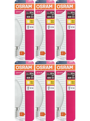 Avarson (6 Adet) Ledvance 7,5W Sarı Işık (2700K) E14 Duylu (Ince Duy) LED Ampul