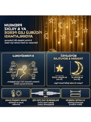 Cekar Store Ay Yıldız Figürlü Perde LED Işık, 3.5 Metre 12 Sarkıtlı Dekoratif Aydınlatma, 8 Fonksiyonlu ve Eklenebilir Fişli, 3200K Günışığı (Sarı) Ramazan ve Ev Dekoru          [enerji Sınıfı A]