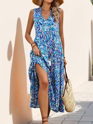 Modenya Kadın Askılı Yakası Fırfırlı Bağcıklı Desenli Uzun Süprem Elbise