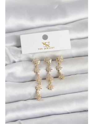 Mç Plus Pirinç Gold Renk Sıralı Kutup Yıldızı Model 3'lü Kadın Küpe