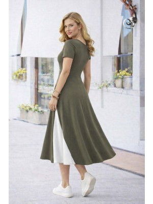 Modenya Kadın Kısa Kollu Asimetrik Yakalı Düğme Detaylı Midi Viskon Elbise