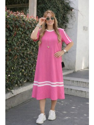 Modenya Kadın Kısa Kollu Bisiklet Yaka Şerit Detaylı Midi Viskon Elbise