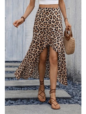 Modenya Kadın Yüksek Bel Çiçek Desenli Önü Asimetrik Detaylı Uzun Süprem Etek