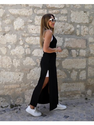 Modenya Kadın Askılı Yuvarlak Yakalı Cepli Yırtmaç Detaylı Viskon Elbise ve Atlet Ikili Takım