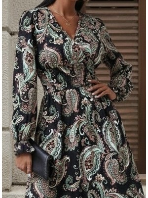 Modenya Kadın Uzun Kollu Kruvaze Yaka Beli Lastikli Uzun Desenli Maxi Elbise