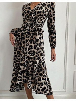 Modenya Kadın Uzun Kollu Kruvaze Yaka Yandan Bağlamalı Önden Fırfır Detaylı Süprem Uzun Elbise