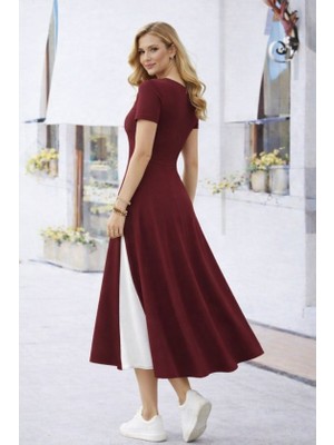 Modenya Kadın Kısa Kollu Asimetrik Yakalı Düğme Detaylı Midi Viskon Elbise