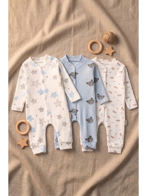 Noone 3'lü Set Pamuklu Kaşkorse Erkek Bebek Tulum Seti Ayı ve Yıldız Desenli Mavi Beyaz