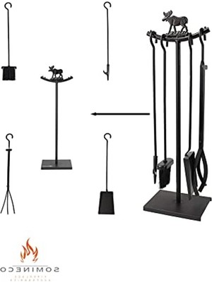 5 Li Lüx Ithal Metal Geyik Motif Kabartmalı Şömine-Soba Maşa Takımı Aksesuar Seti SG-015