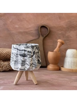 Modern Tasarım, El Yapımı Ahşap Ayaklı Antrasit Desenli Beyaz Beton Saksı - Minimalist Dekoratif Saksı, Kaktüs ve Sukulent Saksısı