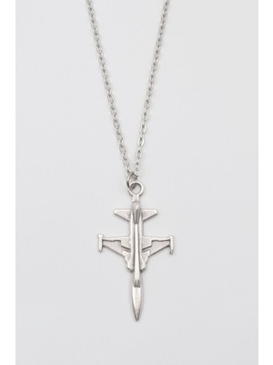 IDR Modern F-5 Tiger Uçak Kolye - Düz Ezme İthal Zincirli Unisex Gümüş Kaplama - 60 cm