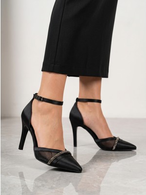 Zarif Siyah Tül Detaylı Taşlı Saten Bilekten Bağlamalı Abiye Ayakkabı Ince Topuklu Kadın Stiletto