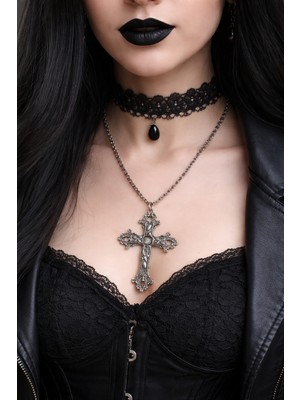Herşey Nota Gotik Haç Kolye Antik Görünümlü Metal Zincir Unisex 60 cm