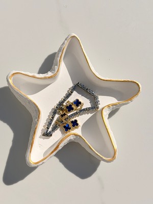 Mezra Art Altın Detaylı Deniz Yıldızı Dekoratif Mumluk Takı Organizer Beyaz Sunumluk