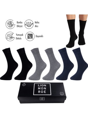 Lion Monroe Saf Bambu 4 Mevsim Erkek Soket Uzun Düz Siyah Çorap Dikişsiz Premium Hediye Kutulu 6'lı Prime Bamboo Serisi L5952AZNB