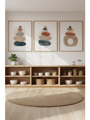 Tontilika Zen Taş Dengesi Temalı 3’lü Ahşap Çerçeveli Tablo Seti - Minimalist Dekor
