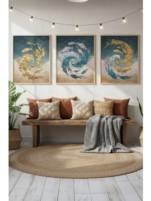 Tontilika Balık Desenli Soyut 3’lü Ahşap Çerçeveli Tablo Seti - Modern Duvar Dekoru