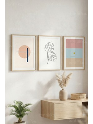 Tontilika Minimal Formlar & Botanik Çizgiler 3’lü Ahşap Çerçeveli Tablo Seti - Modern Duvar Dekoru