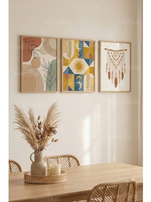 Tontilika Boho Geometrik ve Doğa Sembolleri 3’lü Ahşap Çerçeveli Tablo Seti