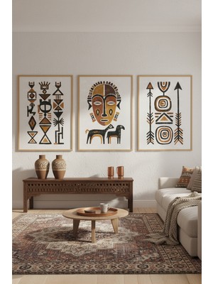 Tontilika Afrika Tribal Sanat Desenli 3’lü Ahşap Çerçeveli Tablo Seti