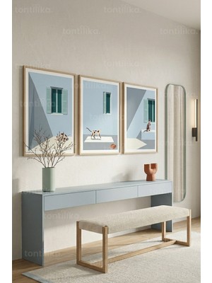 Tontilika Minimalist Mimari, Kedi ve Işık Gölge Oyunları 3’lü Ahşap Çerçeveli Tablo Seti