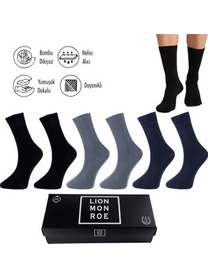 Lion Monroe Saf Bambu 4 Mevsim Erkek Soket Uzun Düz Siyah - Füme - Lacivert Çorap Dikişsiz Premium Hediye Kutulu 6'lı Prime Bamboo Serisi L5952AZNB