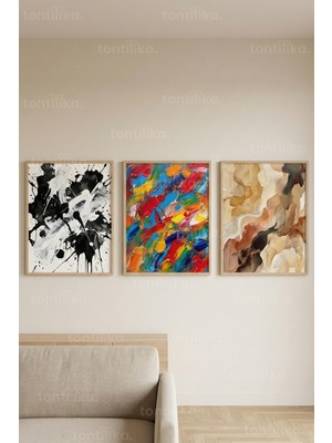 Tontilika Soyut Renk Patlaması 3’lü Ahşap Çerçeveli Tablo Seti