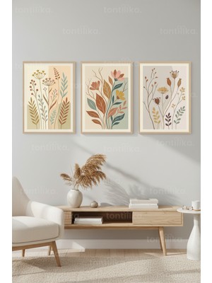 Tontilika Pastel Botanik 3’lü Ahşap Çerçeveli Tablo Seti