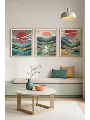 Tontilika Stilize Dağ, Vadi ve Gün Batımı Manzaralı 3’lü Ahşap Çerçeveli Tablo Seti