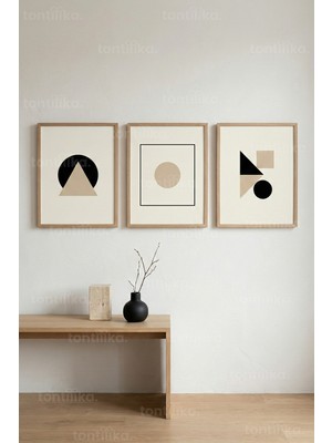 Tontilika Geometrik Denge Minimal 3’lü Ahşap Çerçeveli Tablo Seti – Modern Duvar Dekoru