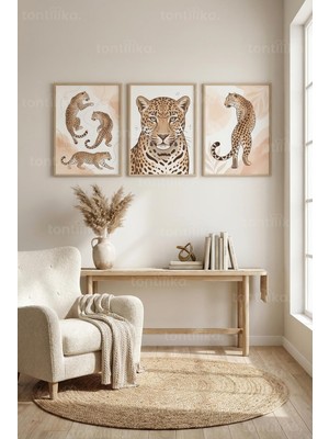 Tontilika Stilize Leopar Sanatı 3’lü Ahşap Çerçeveli Tablo Seti