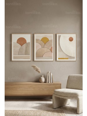 Tontilika Soyut Gün Batımı ve Geometrik Desenler 3’lü Ahşap Çerçeveli Tablo Seti