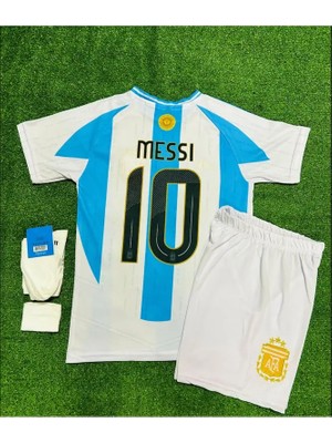 Arjantin 2024/25 Sezon Lionel Messi Çocuk Forması Şort Çorap Bileklik 4'lü Seti