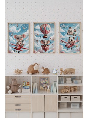 Tontilika Bebek ve Çocuk Odası Uçan Hayvanlar Tema Ahşap Çerçeveli 3'lü Tablo Seti