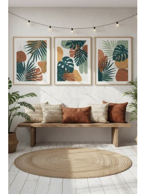 Tontilika Tropikal Yapraklar 3’lü Ahşap Çerçeveli Tablo Seti - Salon Dekoru