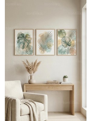 Tontilika Doğal Tropikal Yapraklar 3’lü Ahşap Çerçeveli Tablo Seti