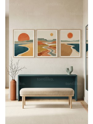Tontilika Çöl Gün Batımı Manzaraları 3’lü Ahşap Çerçeveli Tablo Seti
