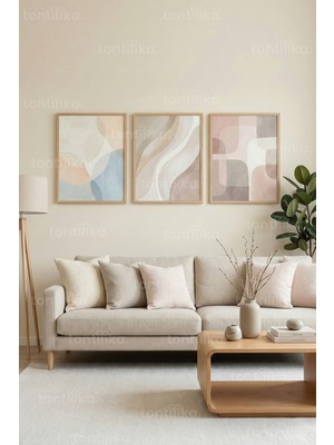 Tontilika Soft Pastel Soyut Formlar 3’lü Ahşap Çerçeveli Tablo Seti