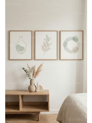 Tontilika Soft Minimal Doğa Çizimleri 3’lü Ahşap Çerçeveli Tablo Seti - Modern & Sade Duvar Dekoru