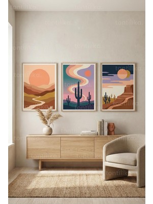 Tontilika Soyut Çöl Kaktüs ve Günbatımı 3’lü Ahşap Çerçeveli Tablo Seti