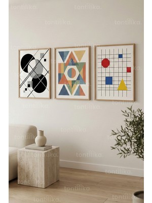 Tontilika Modern Geometrik Soyut 3’lü Ahşap Çerçeveli Tablo Seti