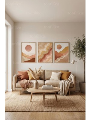 Tontilika Modern Bohem Toprak Tonları Soyut Doğa Desenleri 3’lü Ahşap Çerçeveli Tablo Seti