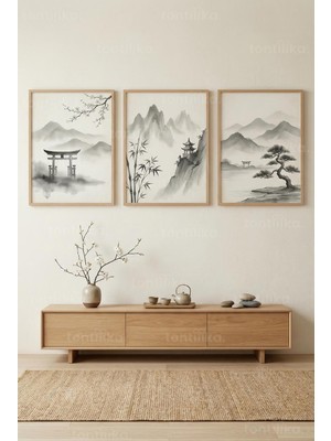 Tontilika Japon Minimalist Manzara 3’lü Ahşap Çerçeveli Tablo Seti